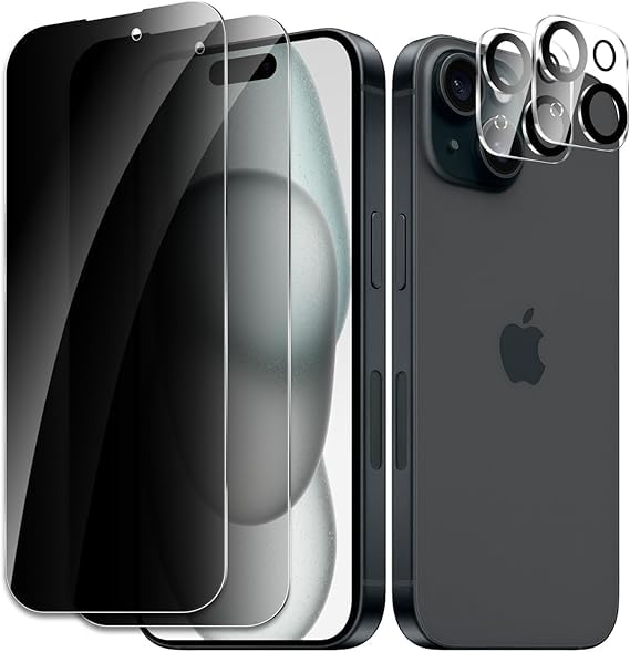 Image of [ 2+2 Pack Privacy Screen Protecor for iPhone 15 Anti-Spy Shatterproof Tempered Glass with Camera Lens Tempered Glass 9H Hardness Bubble Free Anti-Glare Case Friendly