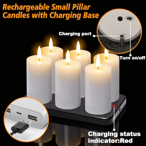 Image of 4.5 inch Rechargeable Flameless LED Pillar Candles with 10-Key Remote and Timer, 6 Pack White Real Wax 3D Wick Flickeing Votive Candles with Charging Plate&USB Cable Christmas Holiday Decor
