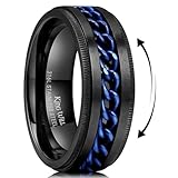 King Will Stainless Steel Men's Ring-8mm Black Fidget Spinner Ring with Blue Chain, 316L Stainless Steel Ring for Men Women with Stress Free, Cool Wedding Band Comfort Fit Size 10.5