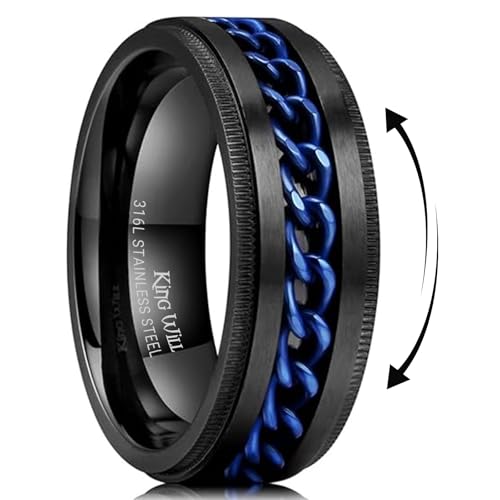 Image of King Will Black /Blue Stainless Steel 8mm Rings for Men Center Chain Spinner Ring, Size 7-14