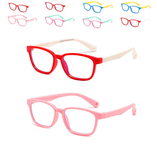 Enafad Kids Blue Light Blocking Glasses 2 Pack, Unbreakable Frame Anti Blue Ray Eyeglasses & UV400 Protection for Unisex Boys & Girl Age 3-13 (Pink & Red White)