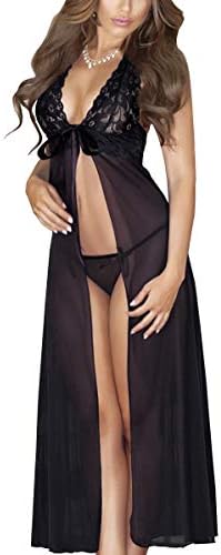Banamic Women Sexy Sheer Lace Long Lingerie Robe Underwear Sleepwear Gowns with Thong