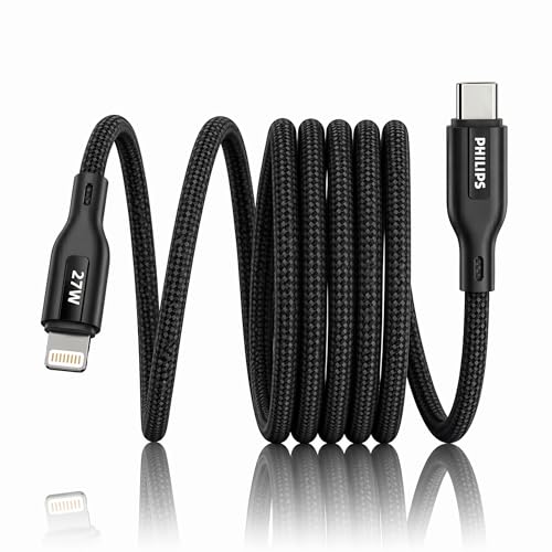 Image of PHILIPS DLC4150LB /94 27W iPhone Original Type-C to Lightning Fast Charging Cable (1.5m, Dark Slate) | MFi Certified | 480Mbps | Nylon Braided | Compatible with iPhone & Other Lightning Devices