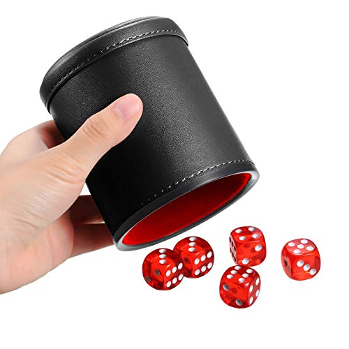 6 Pieces Dice Cup Pu Leather Felt Lining Quiet Shaker With 30 Dices Compatible With Craps Backgammon Game (Black) #TOP6