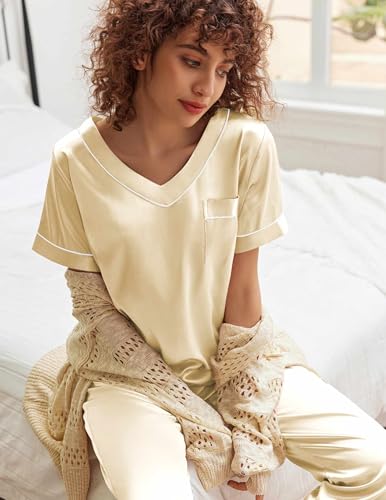 Image of Ekouaer Satin Pajamas for Women Short Sleeve Silk Pajama Sets Soft Sleepwear Top with Causal Long Pj Pant