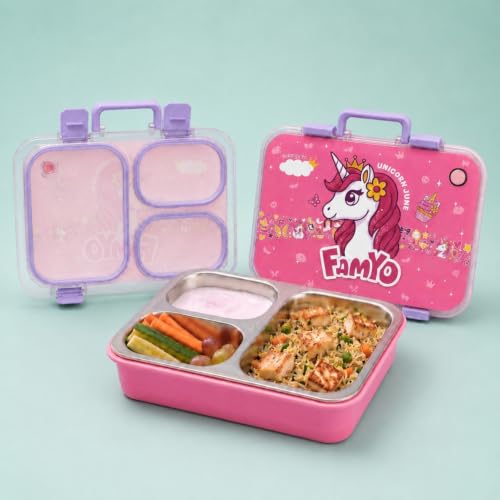 Image of Famyo Stainless Steel Lunch Box for Kids, with 3 Compartments, 800ml (Pink) | Bento Lunch Box | Leakproof Tiffin Box | BPA-Free & Food Safe, Ideal for Meals & Snacks