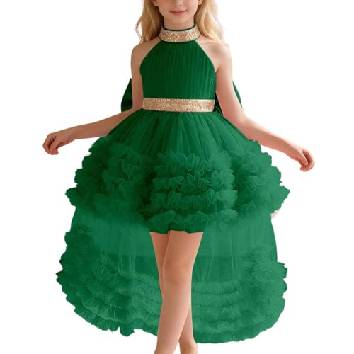 Girls Dress Train Mesh Tiered Cake Skirt Pageant Gown Fashion Show Piano Recital Performance (Dark Green, 3-6 Months)
