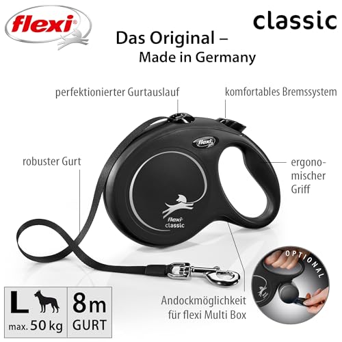 flexi® Classic L Gurt 8 m schwarz, Roll-Leine für Hunde bis 50 kg