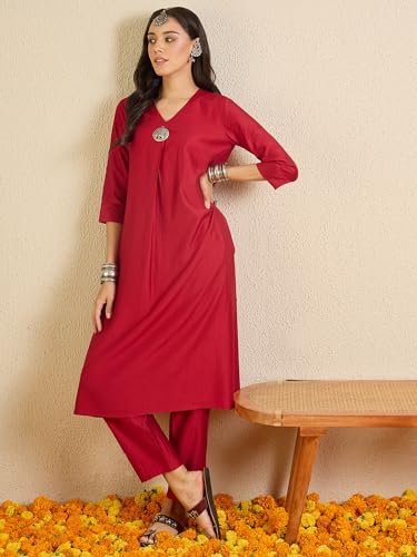 Image of INDO ERA Women's Viscose Solid A-Line Calf Length Kurta & Pant Set (IESTR12352)