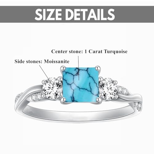 Blocaci Princess Cut Turquoise Rings for Women 1CT Center Turquoise Engagement Ring with Moissanite 925 Sterling Silver 10K 14K 18K Gold Wedding Anniversary Rings for Her4