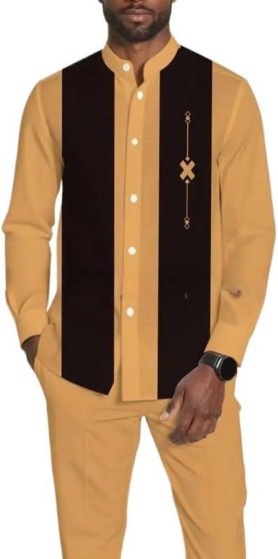 VIDI Men's long sleeved vertical striped shirt long pants two-piece set with lapel buttons cardigan casual pants set