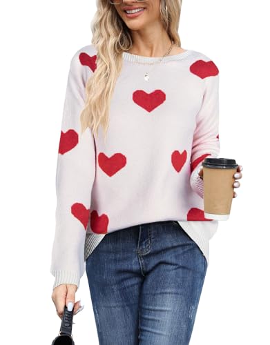 Image of Womens Cute Heart Sweater Crew Neck Long Sleeve Pullover Valentines Sweater