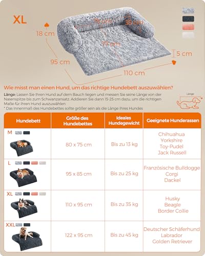 Feandrea FluffyHug Hundebett Plüsch, Hundedecke Sofa, Sofaschutz Hund, Hundekissen, Größe XL, für mittelgroße und große Hunde, 110 x 95 x 18 cm, Ombré-Grau PGW223G01