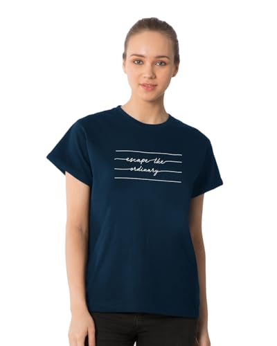 Image of Bewakoof Women's Cotton Printed Not Ordinary Boyfriend Half Sleeve | Round Neck | Regular Fit T-Shirt /Tee Blue 01, S