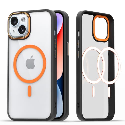 Image of Pikkme Back Cover for iPhone 15 Plus | Shockproof | Mag-Safe Compatible | Hard Transparent Back | Premium Raised Camera Protection | Bumper Case (Black & Orange Mag-Safe)
