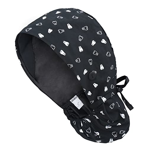 Satin Lined Scrub Cap for Women, Bouffant Nurse Cap with Sweatband and Buttons, Adjustable Surgical Hat for Curly Hair, Braids, Long Hair and Buns, Tooth Black
