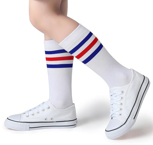 Pareberry Boys Girls Over the Calf Striped Tube Socks Cotton Soft Retro Athletics Socks for Kids Age 4-93