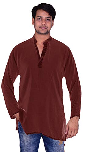 Lakkar Haveli Men's Indian Tunic Shirt Kurta Solid Brown Color 100% Cotton Plus Size - 7XL