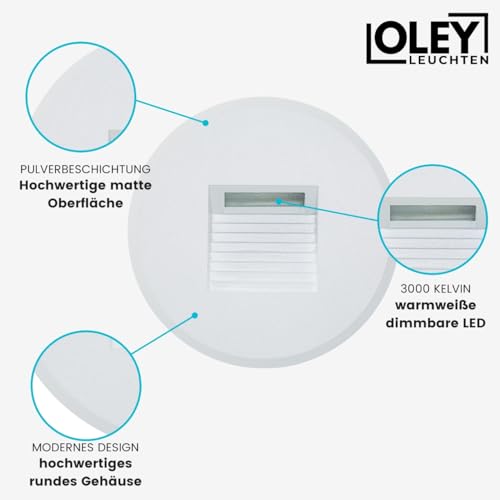 Oley Leuchten® Treppenbeleuchtung/Wandeinbauleuchte LUMA, Unterputz, 230V, dimmbar, IP54, Schalterdose, Wand Einbaustrahler, außen, innen - weiß/rund