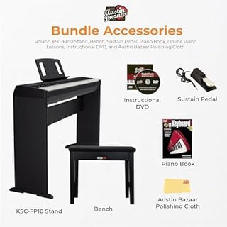 Roland FP-10 88-Key Digital Piano - Black Bundle with KSC-FP10 Stand, Bench, Sustain Pedal, Instructional Book, Online Lessons, Instructional DVD, and Austin Bazaar Polishing Cloth