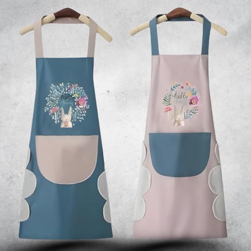 Image of VELVERI 1PACK Waterproof Cooking Apron for Women Men with Big Front Pocket Hand-Wiping Towel | Floral Rabbit Graphic Design | Oil Proof Chef Bib for Home Baking Grilling