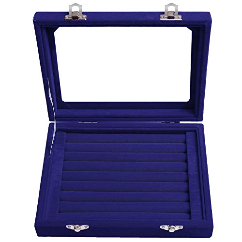 Pasutewel Earring Storage Case 7 Slots Ring Velvet Display Case Box Earring Ring Organizer Velvet Jewelry Tray Cufflink Storage Showcase with Clear Glass Lid Blue