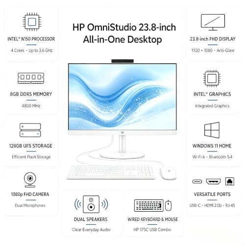 Image of HP OmniStudio All‑in‑One Desktop, 24‑Inch Full HD Display, Intel N150 Quad‑Core CPU, 16GB DDR5 RAM, 128GB UFS Storage, WiFi 6, Bluetooth 5.4, Wired Keyboard & Mouse, Windows 11, Cashmere White