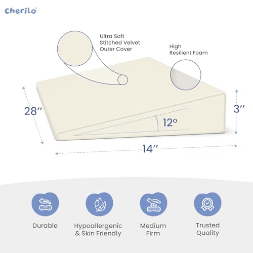 Image of Cherilo Full Size Elevated Wedge Pillow for Baby Crib & Mattress, Helps to Elevate Baby for Acid Reflux, Colic, GERD, Heat Burn & Vomiting | 28 inch x 14 inch x 3 inch | - with Removable Velvet Cover - Cream
