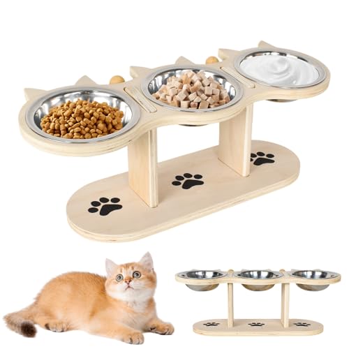 Ciotola Gatti Rialzata,Set 3 Acciaio Inossidabile Ciotole per Gatti e Cani, Mangiatoia in Bambù,Ciotola Gatto Cane in Acciaio Inox Inclinato di 15°,Altezza Regolabile,per Cani Piccoli, Gattini