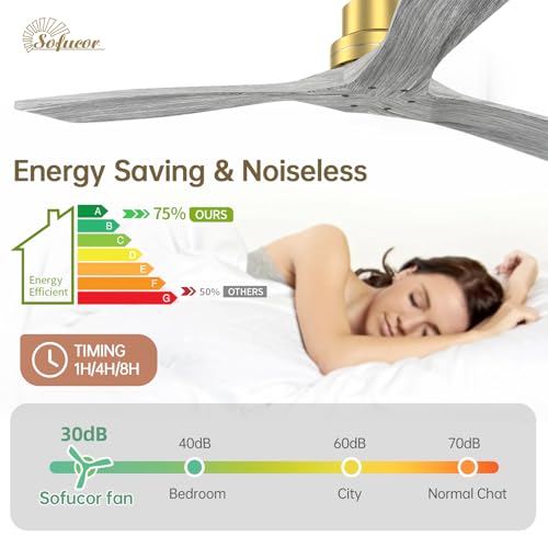 Image of Sofucor 52 Inch Modern Solid Wood Ceiling Fan No Light for Indoor Outdoor