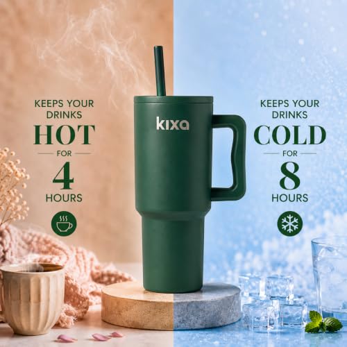 Image of 1200 ML Insulated Tumbler with Lid and Straw, Stainless Steel Tumbler Cup with Handle, Leakproof Mug Cupholder for Office, Gym, Travel 1.2 Litre (Forest Green)