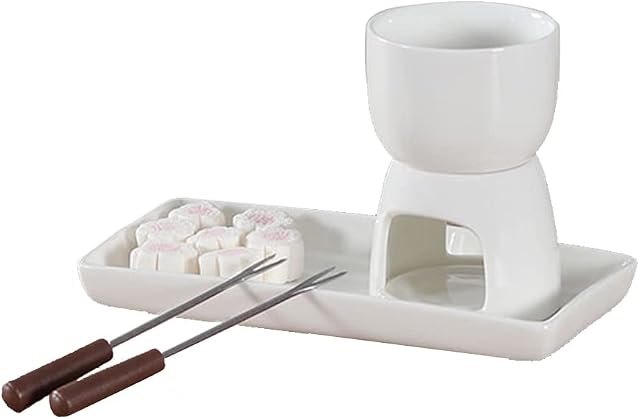 N / B Ceramic Double Layer Fondue Set, Premium Porcelain Melting Pot, Multifunctional Hot Pots, with 2 Forks and Plates, Chocolate Cheese Butter Kit, White