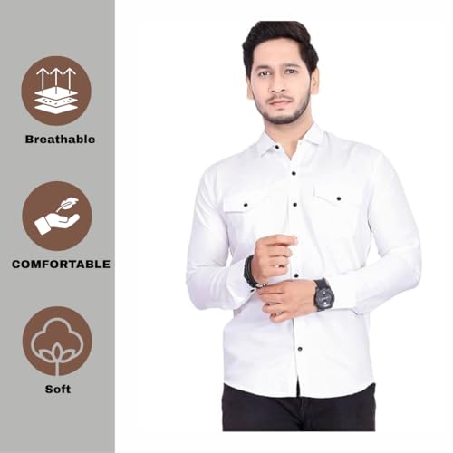 Image of Men's Cotton Spread Collar Full Sleeve Regular Fit Solid Casual Shirt with Double Pockets - Stylish Comfortable Shirt for Everyday Wear
