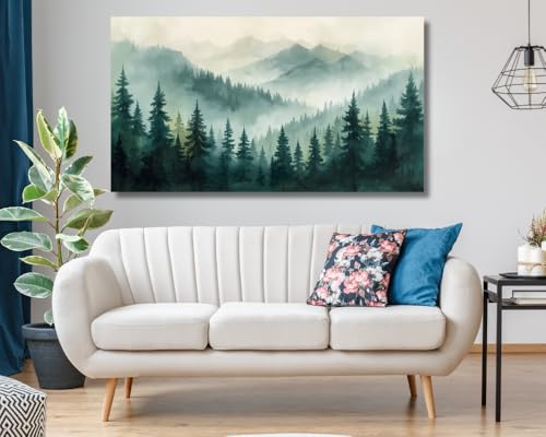 Image of KUNJCART Misty Mountain Painting For Wall Vastu - Large Nature Landscape Painting for Living Room, Bedroom & Office -Nature Wall Art for bedroom, Big Size Green Scenery for Wall Decoration and Home decor Vastu (36 x 24 Inch, Rolled Canvas Only , Without Frame)