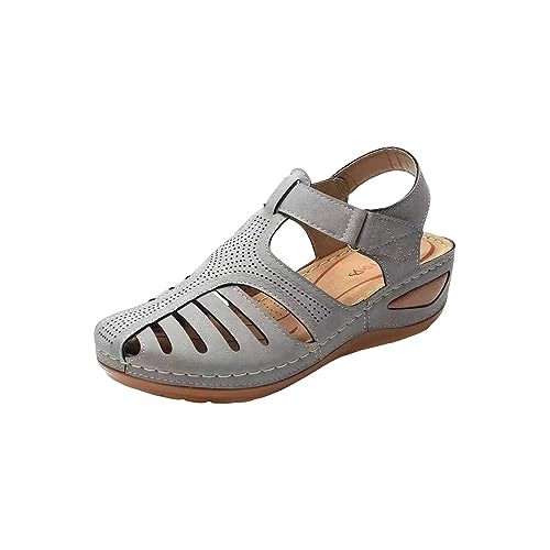 Sandalias de cuña para mujer, de piel, puntera abierta, con tiras, ajuste ancho, suaves, cómodas, de verano, antideslizantes, para caminar, talla del Reino Unido, informales, ligeras, gris, 41 EU