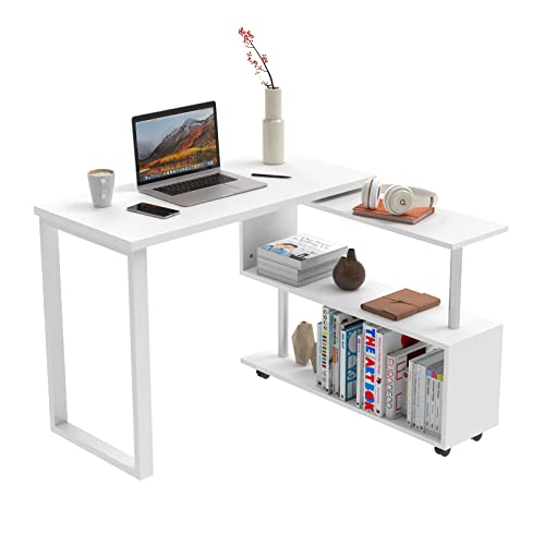 Ufurniture Rotating Corner Computer Desk 140cm Home Office Workstation with Swivelling Shelf L-Shape 2 Tiers Bookshelf Space Saving Study Table Modular Furniture for Small Home Office