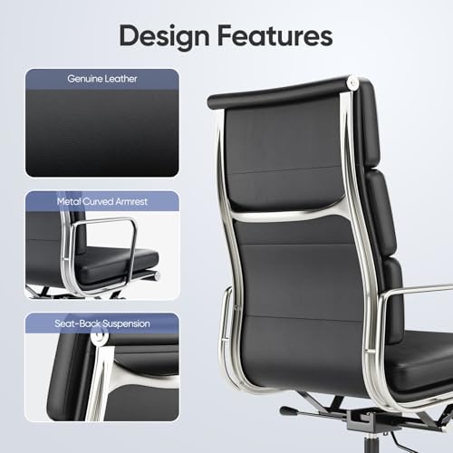 Image of High-Back Executive Genuine Leather Office Chair, with Aluminum Arms and 5-Star Base, Modern Rolling Desk Chair with Silent Wheels, Lumbar Support, High-Adjustable, Tilting for Home & Office