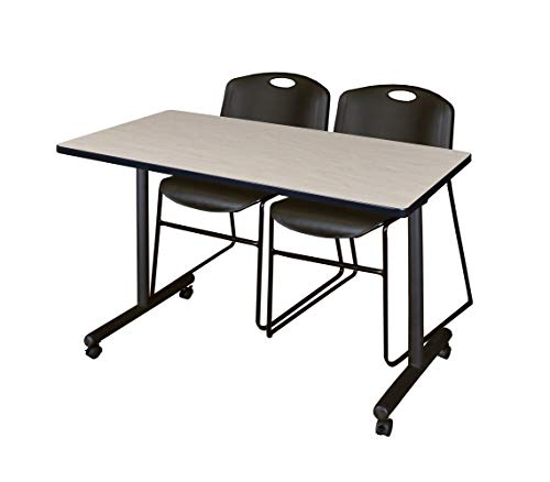 Image of Regency Kobe 48 x 24 in. Mobile T-Base Training Table- Maple, 2 Zeng Stack Chairs- Black