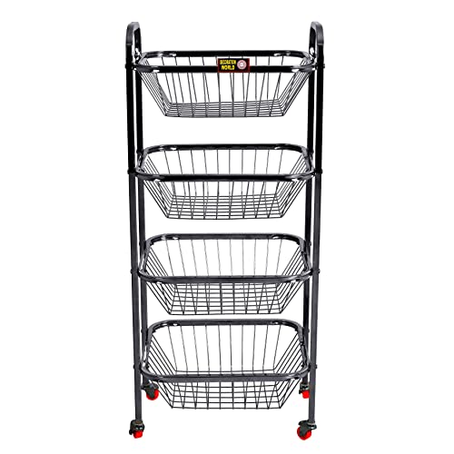 Image of Stainless steel kitchen Vegetable Basket Storage Trolley with 4 Wheel | Fruit Basket | Vegetable Basket | Onion Potato Rack for Kitchen | Vegetable Stand for Kitchen (34x14x12 10 MM)