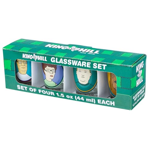 Image of Silver Buffalo King of the Hill Character Faces 4 Pack Mini Glass Set Featuring Hank Hill, Bobby Hill, Peggy Hill, and Lady Bird, 1.5 Ounces