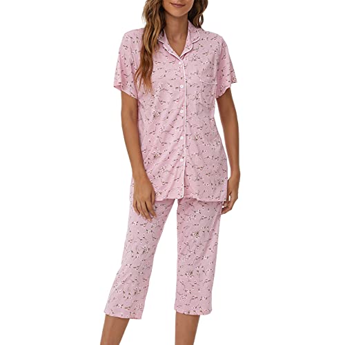Image of Tugege Capri Pajamas Set Womens Button Down Short Sleeve Lounge Sets Sleepwear Notch Collar Top & Capri 2 Piece PJ Sets