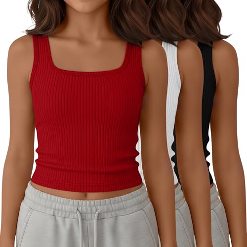 Yooo's Vivi 3 Pack Girls' Ribbed Crop Tank Tops, 3-Color, 9-10 Years