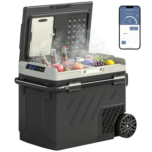 Image of Outsunny 49L Compressor Car Fridge Freezer, Dual Zone Camping Refrigerator with App Control, Portable Electric Cool Box, Telescopic Handle and Wheels, 12V/240V, -20℃-20℃, Truck, Campervan, RV, Boat