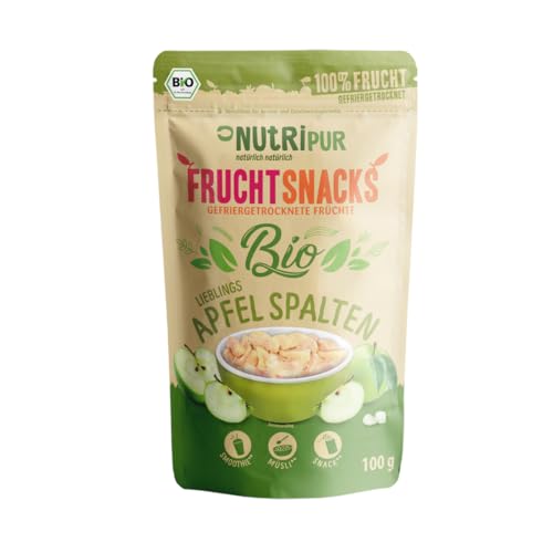 NutriPur Apfelspalten Gefriergetrocknet BIO: 100g Getrocknete Äpfel ohne Zucker – Gefriergetrockneter Apfel – Apfelchips ohne Zuckerzusatz – Getrocknete Früchte