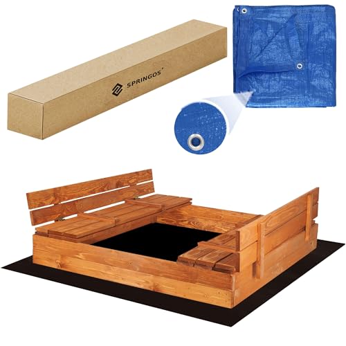 Sandkasten mit Abdeckung 150x150 cm – Holz Sandkasten mit Sitzbänken, imprägniert & wetterfest, klappbarer Deckel, kindersicher + Vlies & Plane – SPRINGOS Sandkasten mit Abdeckung 150x150 cm – Holz Sandkasten mit Sitzbänken, imprägniert & wetterfest, klappbarer Deckel, kindersicher + Vlies & Plane – SPRINGOS
