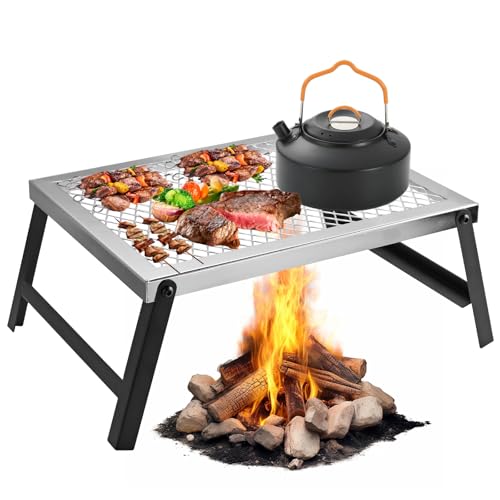 GARLLEN Folding Campfire Grill, Portable Camping Grates with Heat-Resistant Mesh Desktop, Lightweight Over Fire Camp Grill Table for Outdoor, BBQ, Cooking Fire Pit, 16L x 12W, Silver