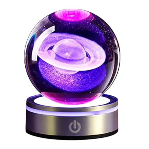 Bola de Cristal 3D,Bola de cristall con la Base de la lámpara del LED,Bola Transparente de Sistema Solar de 80mm (3.15 pulgadas),Decoración Hogar Regalos para Niños Aficionados Astronomía (Saturno)