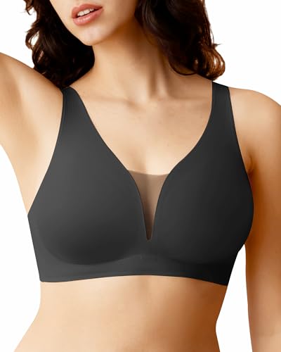 SHARICCA Womens Wireless Bras Deep V Full Coverage Push Up Bralettes Comfort Supportive Seamless Everyday Bra,Black, 2XL