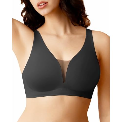 SHARICCA Wireless Bras for Women Seamless Deep V Full Coverage Push Up Bra Soft Comfort Padded Everyday Bralettes Black-1 Medium