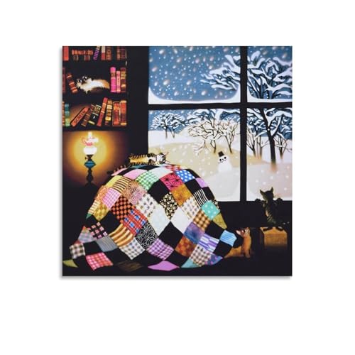 藤城清治 影絵画家 「こたっと猫」 イラスト ポスター ウォールアート キャンバス 印刷 画像の絵 壁掛け 飾り ホーム装飾12x12inch(30x30cm)